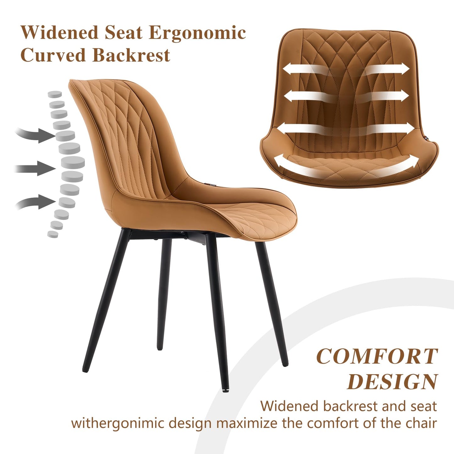 YOUNIKE Tan Faux Leather Dining Chairs Set of 2 Mid-Century Modern High Padded Back Comfy Upholstered Kitchen Chairs with Metal Legs Wide Seat Accent Side Chair for Dining/Living/Waiting Room