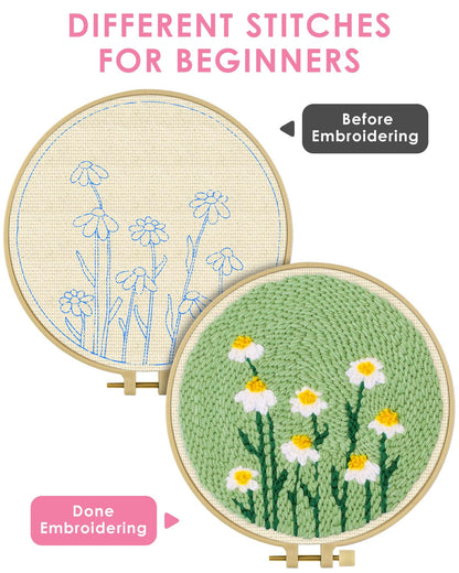 TINDTOP Punch Needle Kit, Daisy Punch Embroidery Kits for Adults Beginner, Tool with Punch Needle Fabric, Hoops, Yarns and Sewing Needles