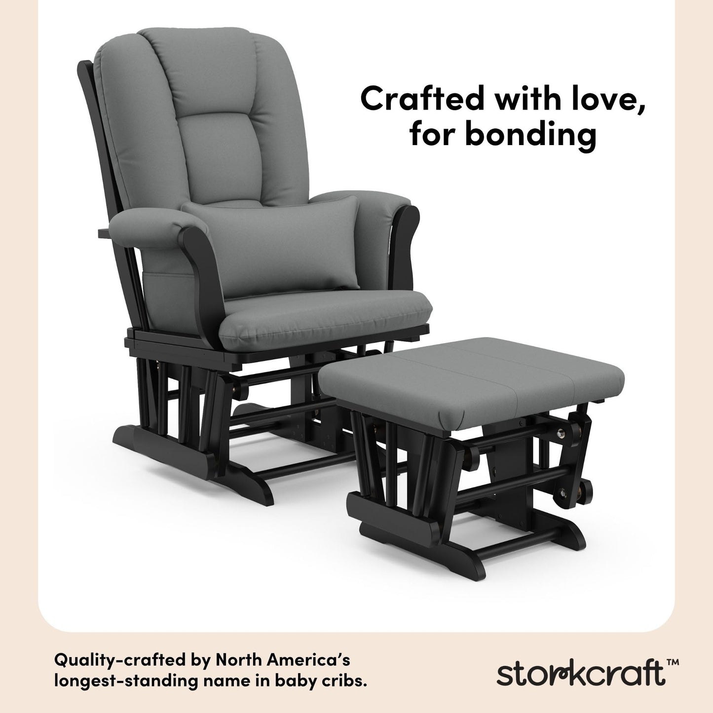 Storkcraft Tuscany Glider with Ottoman (Black/Gray) — GREENGUARD Gold Certified, Bonus Lumbar Cushion Included, Solid Wood Base, Smooth Motion, Award-Winning Nursery Rocking Chair, Glider and Ottoman