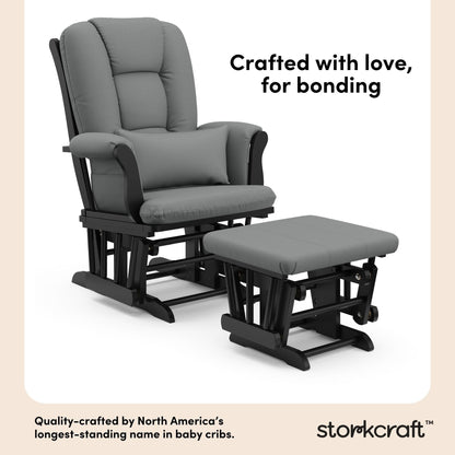 Storkcraft Tuscany Glider with Ottoman (Black/Gray) — GREENGUARD Gold Certified, Bonus Lumbar Cushion Included, Solid Wood Base, Smooth Motion, Award-Winning Nursery Rocking Chair, Glider and Ottoman