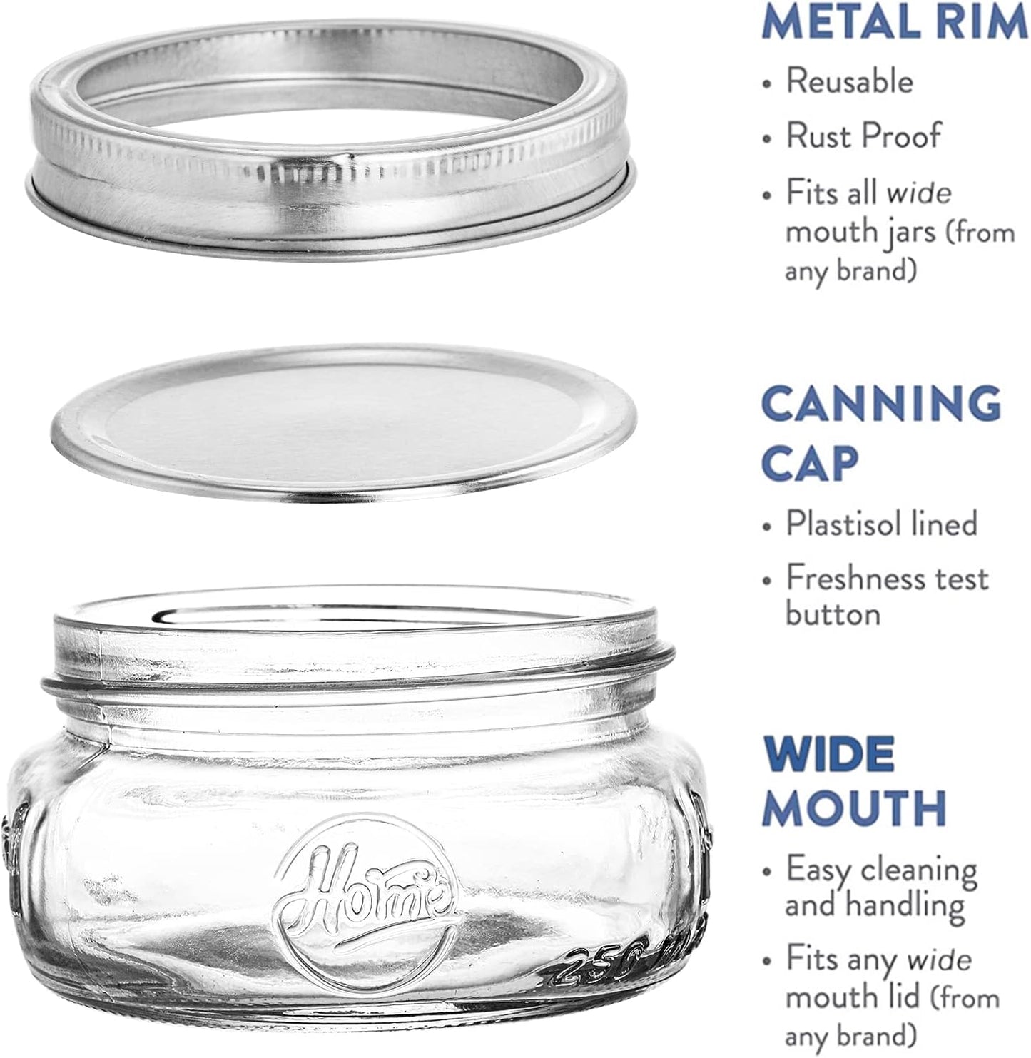 24 Pack 7.6 OZ Tebery Home Glass Mason Jars with Silver Metal Lids and Bands, Wide Mouth Glass Canning Jars
