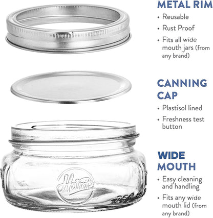 24 Pack 7.6 OZ Tebery Home Glass Mason Jars with Silver Metal Lids and Bands, Wide Mouth Glass Canning Jars