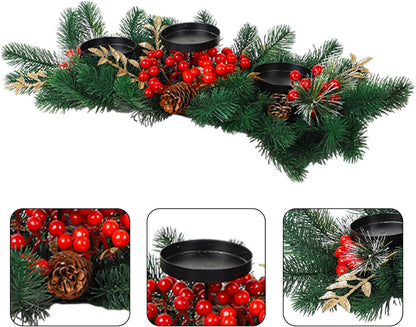 MorTime Christmas Centerpiece - 3 Candle Holders with Red Berries & Pine Cones | Indoor Holiday Decor