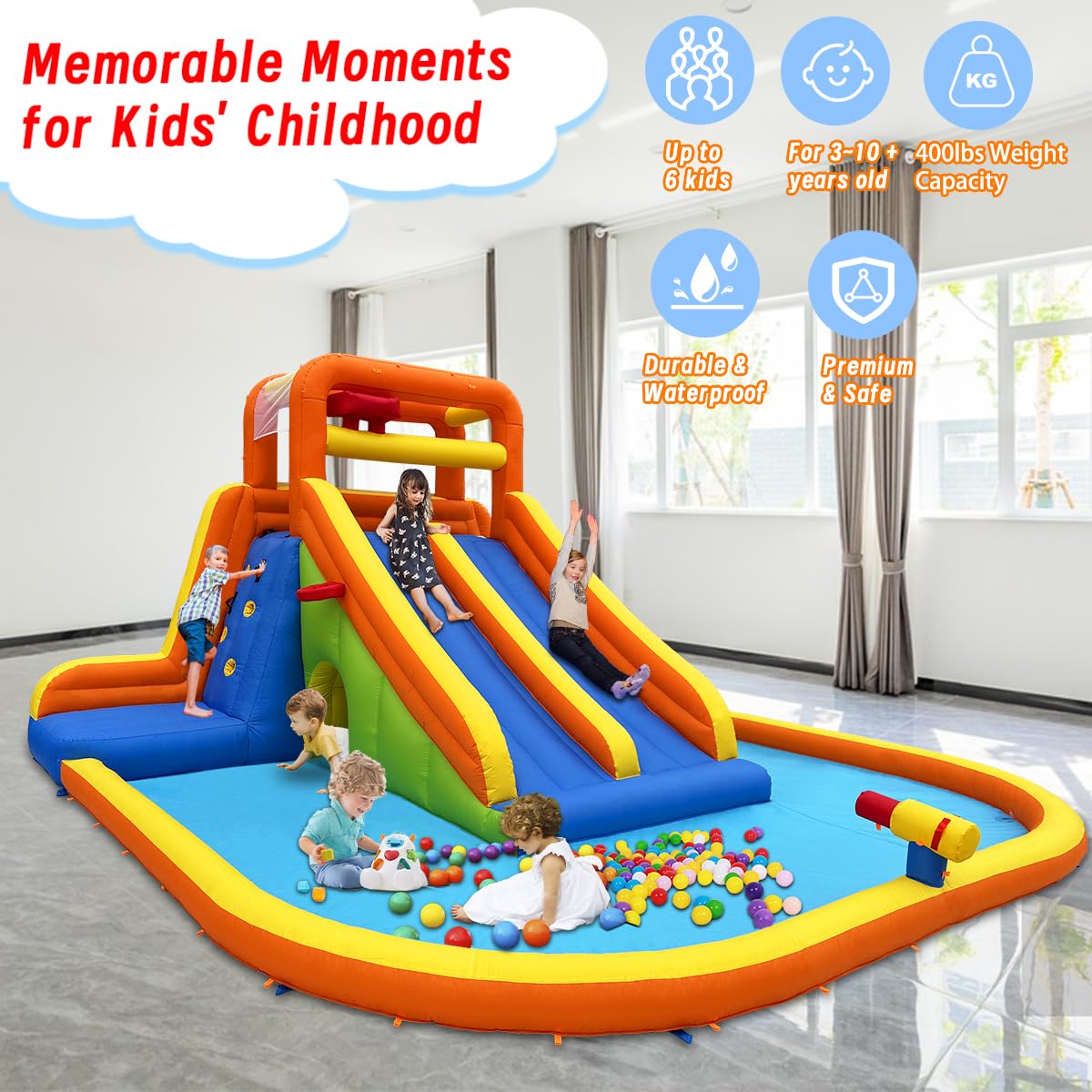 HuaKastro 15.6x15FT Giant Water Slide for Big Kids 5-12, Inflatable Water Park with Big Splash Pool, Dual Tall Slides & 2 Climb Walls for Racing Fun, W/Surprise Water Dump Bucket, Hide&Seek Cave
