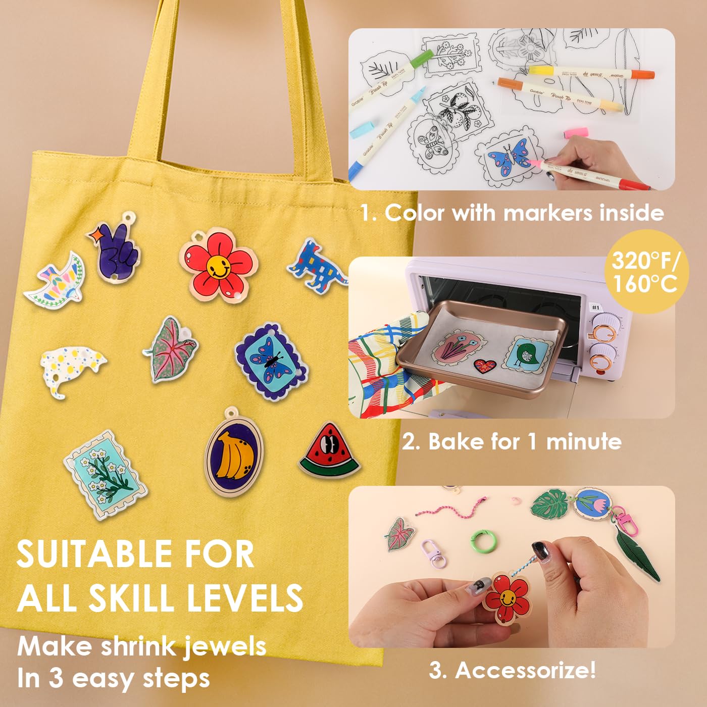 Grabie DIY Shrink Art Craft Kit Jewelry Making Kit for Kids Adults, 25+ Pre-Cut Shapes, 5 Dual-Tip Markers, Custom Charms, Pins, Rings, Keychains (Retro Vibes - Beginner Friendly)