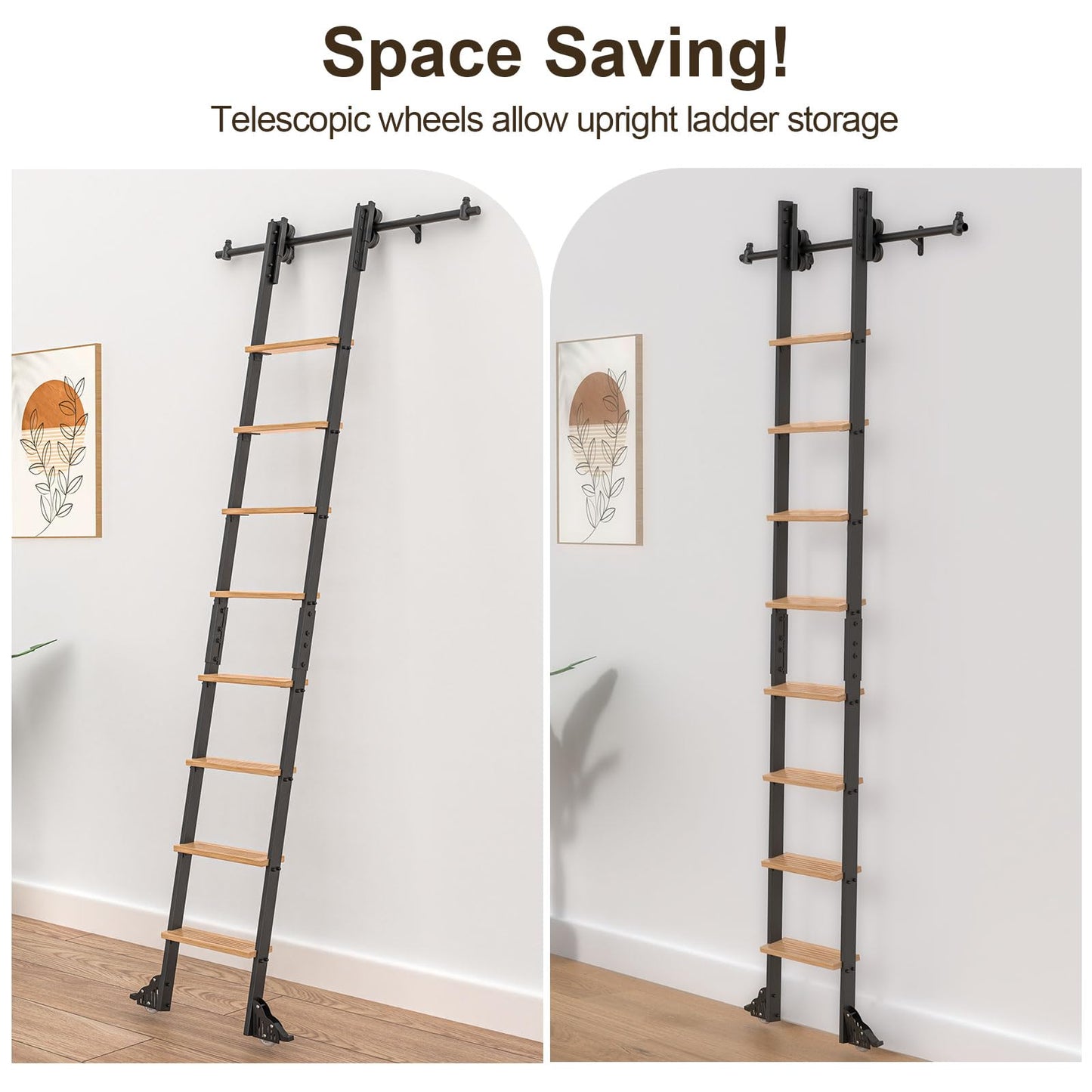 LKCBITION 108inch Carbon Steel Ladder with Oak Steps, Includes 4ft Telescoping Top Rollers & Bottom Brake Wheels Sliding Hardware, Rolling Library Ladder for Loft, Attic, Bookshelf