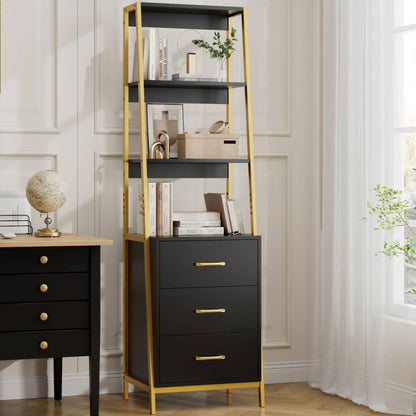 HITHOS 4-Tier Bookshelf, Tall Bookcase with 3 Wooden Drawers, Modern Ladder Book Shlef Storage Organizer for Living Room, Entryway, Office, Black Gold, 2 PCS