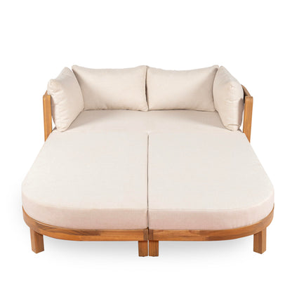 Christopher Knight Home Donovan Acacia Wood Outdoor Daybed with Cushion, Spacious Seating Lounge Sofa, Tub-Shaped Back Daybed, Curved Armrest Chaise Lounge Outdoor for Poolside Backyard, Teak+Beige