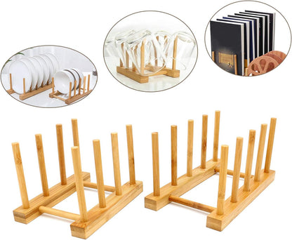 2 Pcs Household Kitchen Natural Bamboo Drain Dish Rack, Multifunctional Cup and Book Storage Rack, 8"(L) x 4.5"(W) x