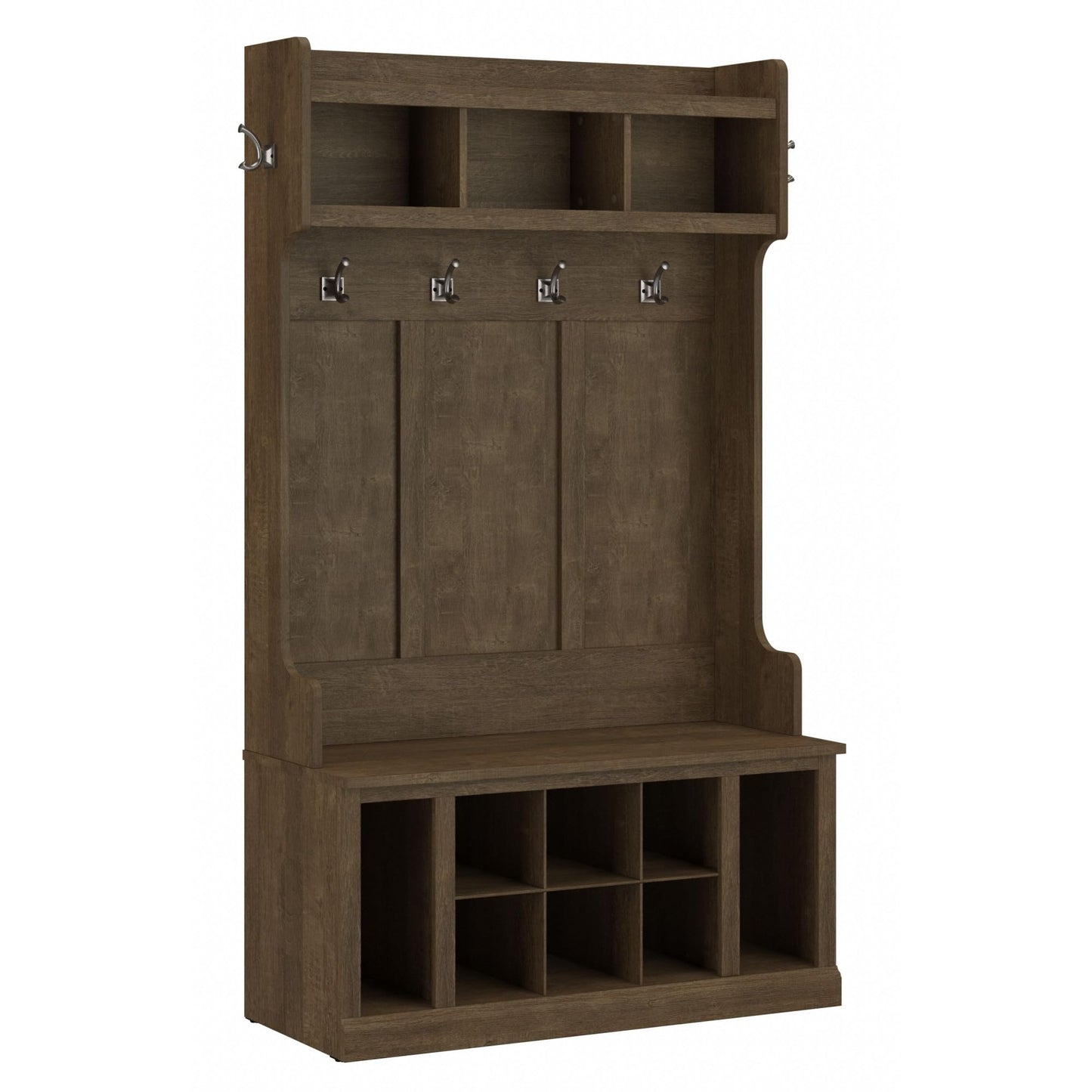 Bush Home Woodland 40W Hall Tree and Shoe Storage Bench with Shelves in Ash Brown, Cubbies and Coat Hooks for Foyer, Mudroom, or Entryway