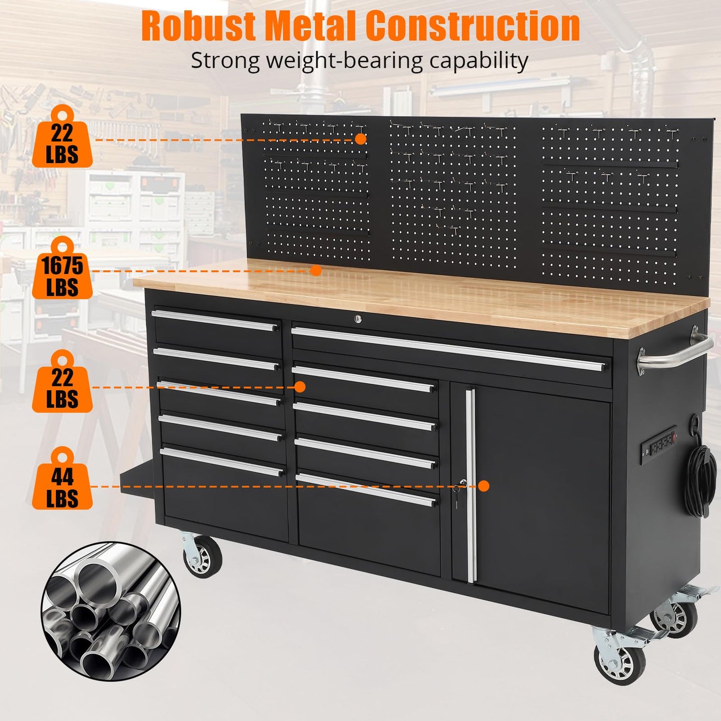 ActiveTrail 61" Tool Cabinet with Wheels, 10 Drawers Rolling Tool Chest, Heavy Duty Storage Workbench with Power Strip, Solid Rubber Wood Top, 1675 LBS Capacity, Mobile Tool Box for Garage, Shop