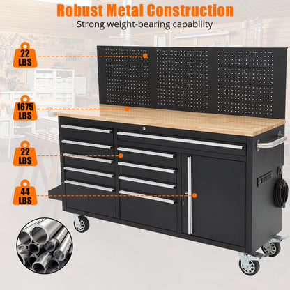 ActiveTrail 61" Tool Cabinet with Wheels, 10 Drawers Rolling Tool Chest, Heavy Duty Storage Workbench with Power Strip, Solid Rubber Wood Top, 1675 LBS Capacity, Mobile Tool Box for Garage, Shop