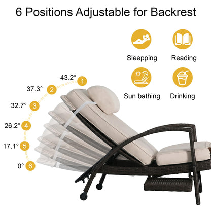Chaise Lounge Chairs Set of 2, 6-Position Adjustable Outdoor Recliner with Side Table & Wheel,All-Weather PE Rattan Wicker Patio Lounge Chair With Removable Cushion for Poolside Backyard Beach (Beige)