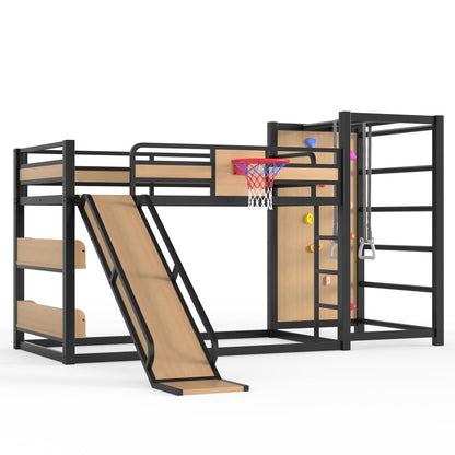 Bellemave Metal Twin Over Twin Bunk Bed Frame with Slide,Twin Size Floor Bunk Bed and Basketball Hoop,Pull-up Rings and Climbing Wall,Heavy Duty Bunk Beds with Bookshelves for Kids Girls Boys,Natural