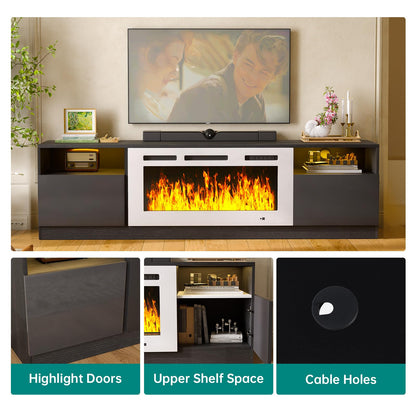 MXV 80" Fireplace TV Stand for TVs Up to 90", LED Light Entertainment Center with 36" Electric Fireplace, Modern Wood Texture TV Media Console with Highlight Storage Cabinet, Black-White