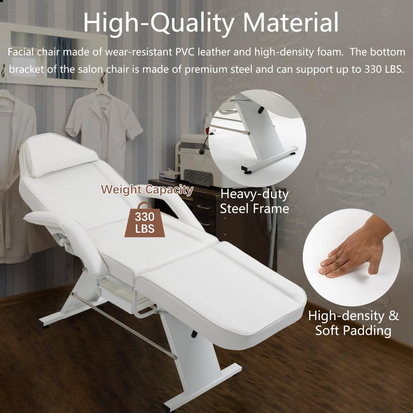 Massage Salon Tattoo Chair with Two Trays Esthetician Bed Hydraulic Stool Metal White Multi-Purpose 3-Section Facial Table Spa Beauty Equipment
