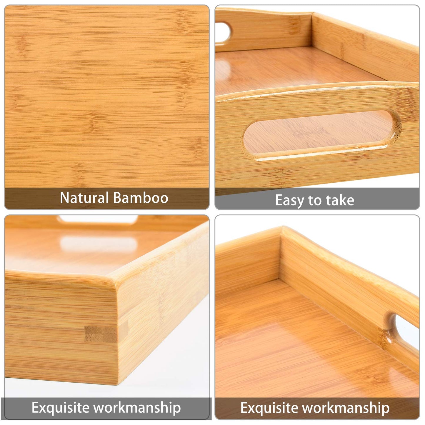 3 Pack Bamboo Serving Trays with Handles, Rectangular Kitchen Food Tray for Eating, Dinner Trays for Eating on Couch, Wood Serving Platter for Breakfast, Tea, Bar, Restaurant, Party or Bed (Beige)
