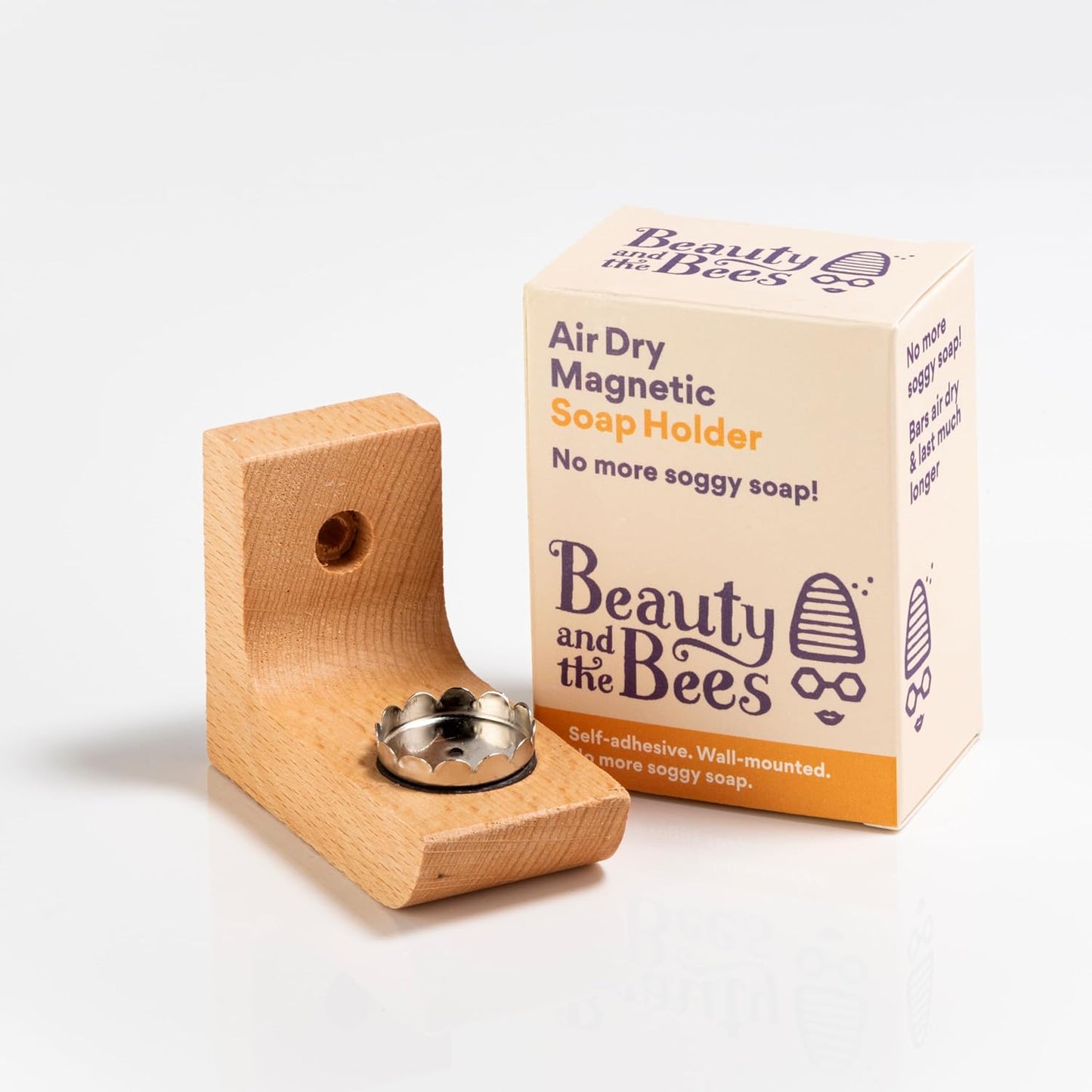 Beauty and the Bees Air Dry Magnetic Soap Holder, In-Shower Storage for Soap Bars, Wooden Soap Dish