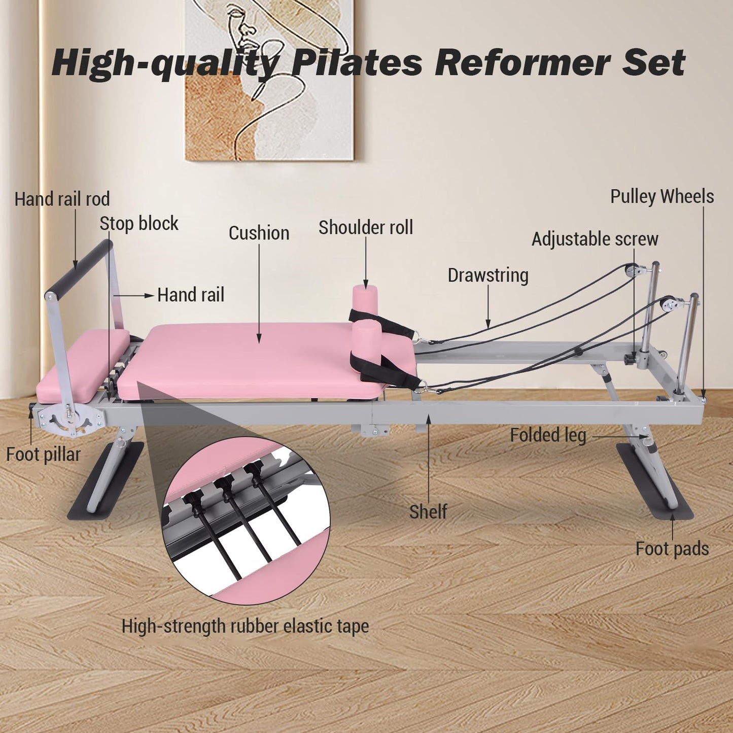 Pink Foldable Pilates Reformer Machine for Home Gym, Professional Workout Equipment with 5x18lb Springs for Beginners & Advanced Users,Quiet Home Pilates Equipment