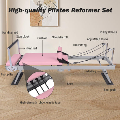 Pink Foldable Pilates Reformer Machine for Home Gym, Professional Workout Equipment with 5x18lb Springs for Beginners & Advanced Users,Quiet Home Pilates Equipment