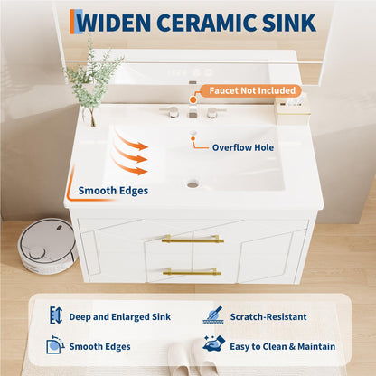 IDEALHOUSE Floating Bathroom Vanity with Sink 24 inch, Modern Bathroom Sink Cabinet, Ceramic Vanity Top, 2 Large Storage Drawers with Gold Metal Handle, Easy to Assembly, White