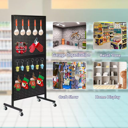 NectaCol 2'x 5' Standing Pegboard Display with T-Base, Pegboard Display Stand with Wheels, Metal Peg Board Display Rack, Art Display Stand, Extra 10 Pieces Hooks - Black