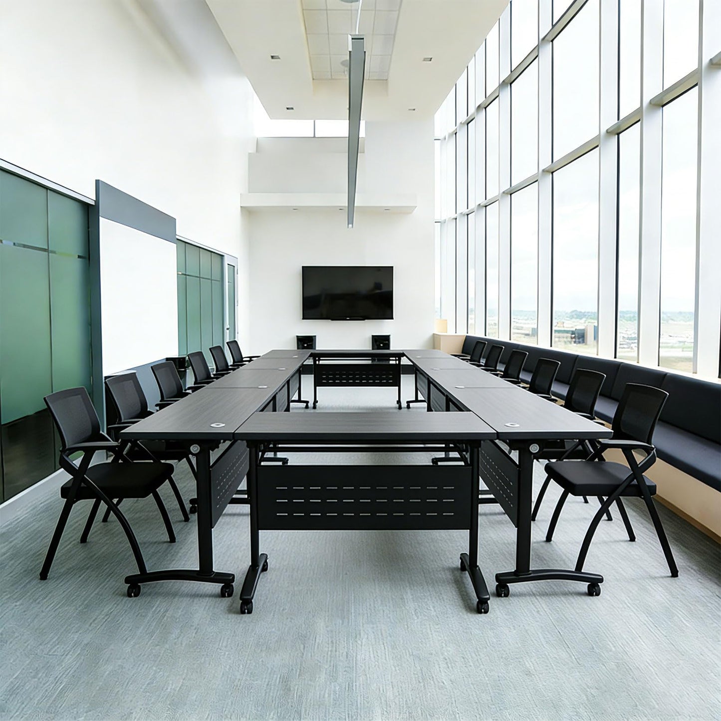 Modern Conference Table, Folding Conference Table with Wheels, Flip Top Mobile Meeting Table for 2-30 Person, Modular Seminar Training Room Table for Meeting Conference Room (4, Dark Grey, 70.8")