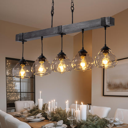7PMBEANE Linear Chandelier for Dining Room, Modern 5-Light Kitchen Island Lighting,Black Farmhouse Linear Chandelier with Glass Shades, L39IN+W5.5IN+H7.9IN