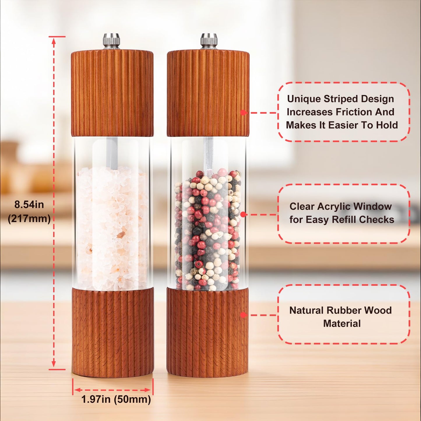 SETRON Acacia Wooden Salt and Pepper Grinder Set, 8 Inches Refillable Salt and Pepper Mills with Adjustable Ceramic Core, Manual Salt and Pepper Shakers for Kitchen Cooking and Gifts