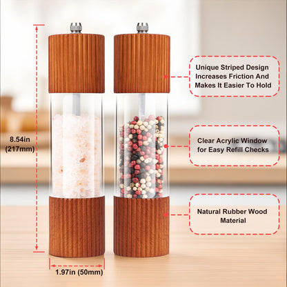 SETRON Acacia Wooden Salt and Pepper Grinder Set, 8 Inches Refillable Salt and Pepper Mills with Adjustable Ceramic Core, Manual Salt and Pepper Shakers for Kitchen Cooking and Gifts