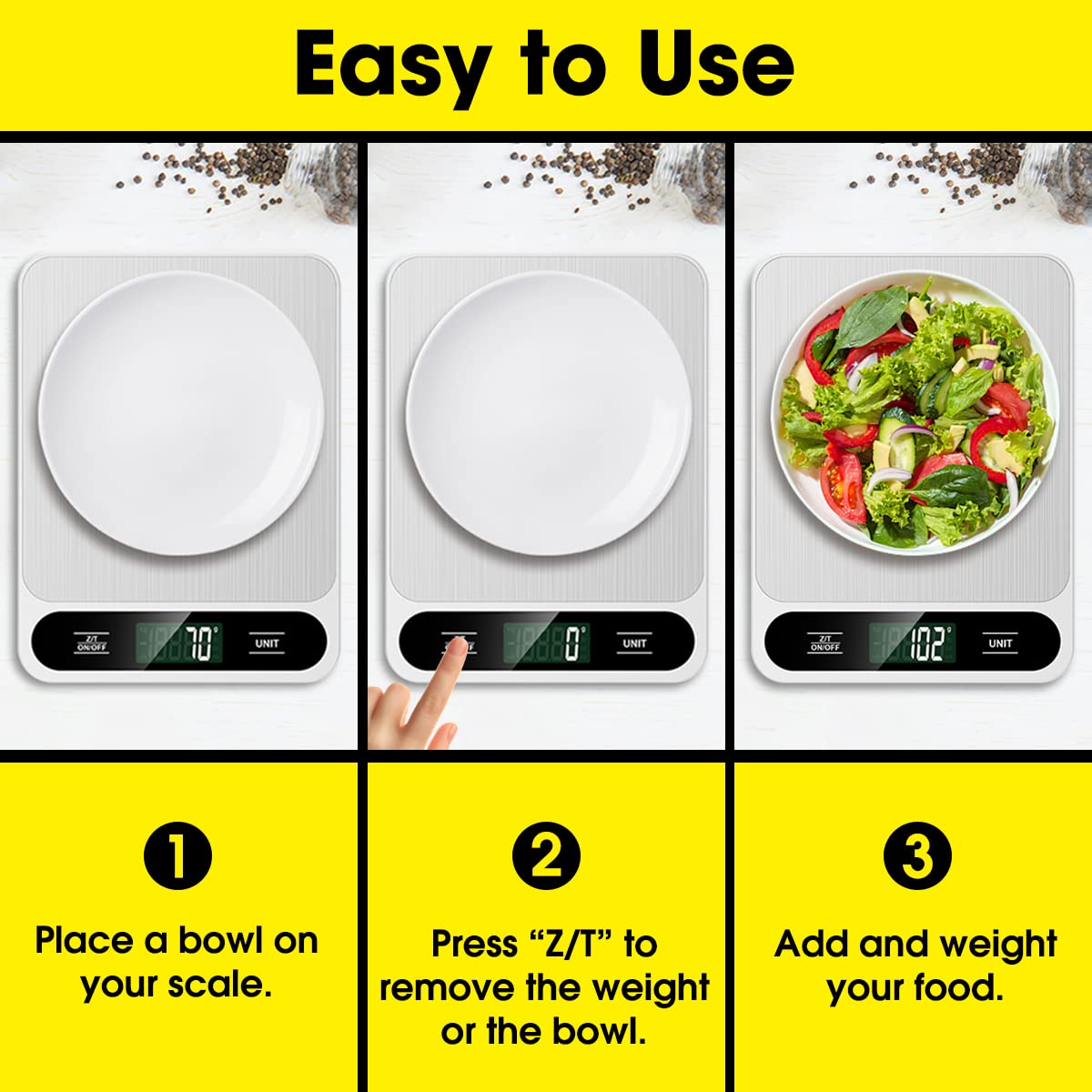 Mik-Nana Food Scale White, 22lb/10kg Digital Kitchen Scale Grams and oz for Baking Cooking and Weight Loss, 1g/0.04oz Precise Graduation, Easy Clean Stainless Steel