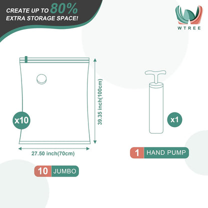 Vacuum Storage Bags - Space Saver Bags for Comforters, Blankets, Clothes Storage, 10 Jumbo Bags with Hand Pump Included
