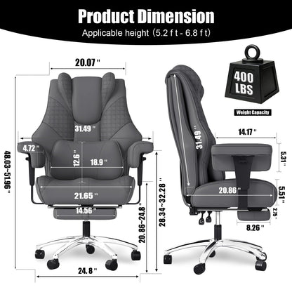 400lbs Big and Tall Office Chair, Wide Ergonomic Leather Executive Chair for Heavy People with Foot Rest, High-Back Reclining Computer Chair with Swivel Wheels and Lumbar Support (Gray)