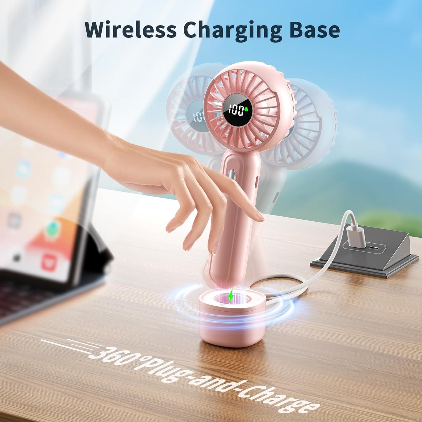 Handheld Fan with Wireless Charging Base, 3 Speeds Portable Fan with Digital Display, 2000mAh Battery Operated (Pink)
