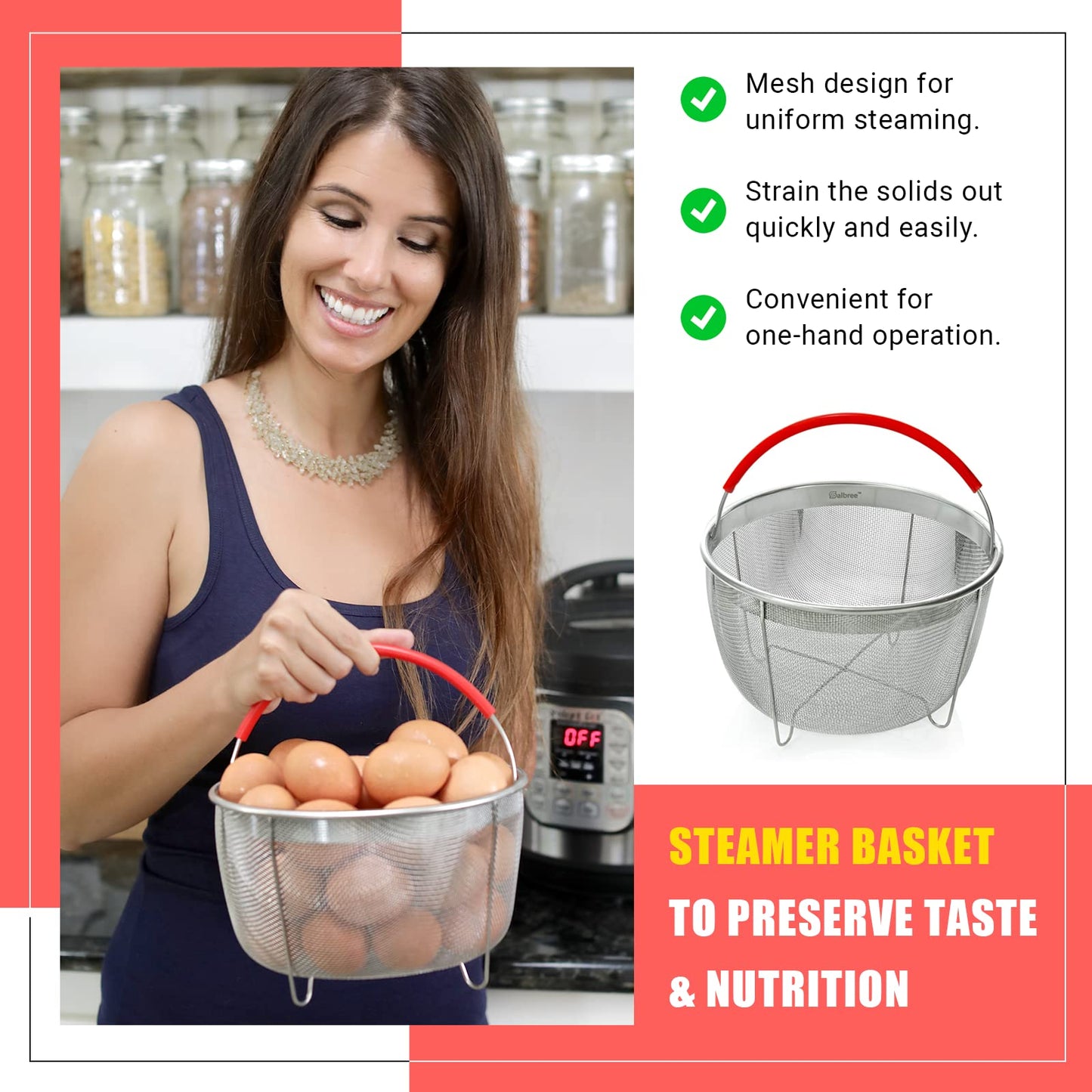 Original Salbree Steamer Basket for 8 qt quart Instant Pot Accessories, Stainless Steel Strainer and Insert fits IP Insta Pots, Instapot, Other Pressure Cookers, with Silicone Handle [3qt 6qt avail]