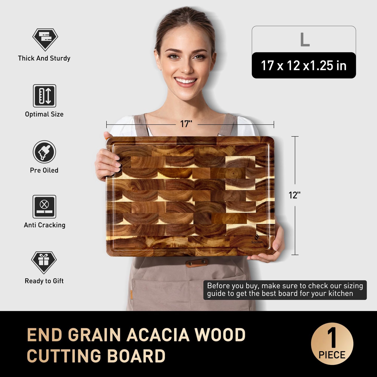 End Grain Cutting Board for Kitchen with Non-slip Feet, Acacia Wood Heavy Duty Checkered Cutting Board Upgraded Chopping Board with Juice Groove & Handle Large Wooden Butcher Block with Gift Box