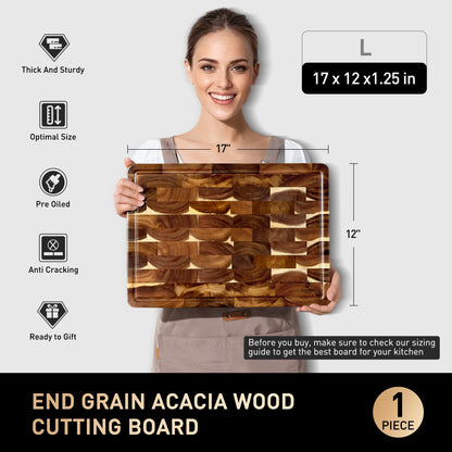 End Grain Cutting Board for Kitchen with Non-slip Feet, Acacia Wood Heavy Duty Checkered Cutting Board Upgraded Chopping Board with Juice Groove & Handle Large Wooden Butcher Block with Gift Box