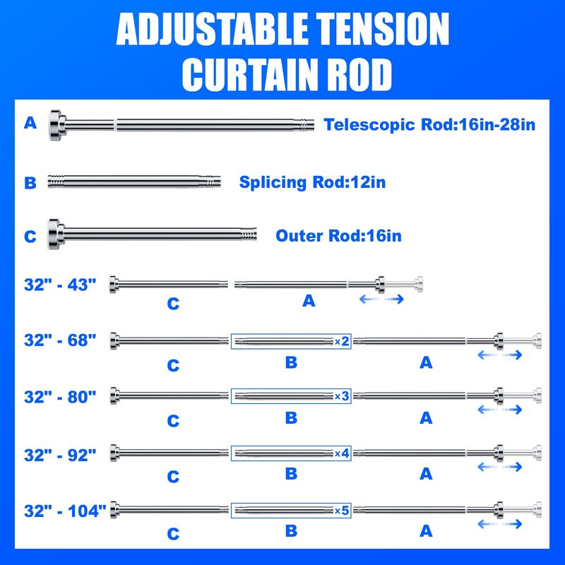 Ausemku Shower Curtain Rod - 32-68 Inch Rustproof Tension Rod, Non-Slip Spring Design, No Drilling Adjustable Curtain Rod for Bathroom, Kitchen, and Closet（Silver）