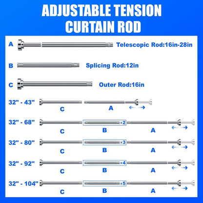 Ausemku Shower Curtain Rod - 32-68 Inch Rustproof Tension Rod, Non-Slip Spring Design, No Drilling Adjustable Curtain Rod for Bathroom, Kitchen, and Closet（Silver）