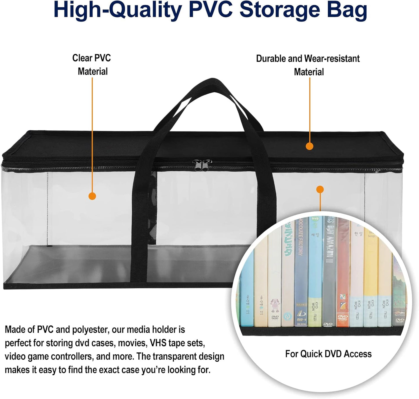 CCidea DVD Storage Bags Set of 3, Clear PVC Media Holder Case with Handles for DVDs/CDs/VHS - Holds 40 DVDs