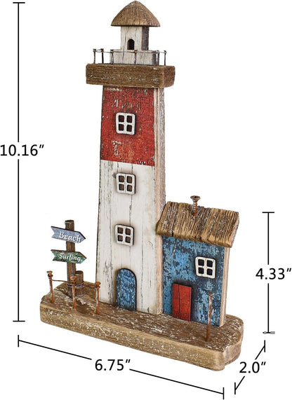 Decorative Lighthouse for Home Decor, 10.16" H Rustic Wood Light House Sculpture, Nautical Beach Tabletop Centerpiece