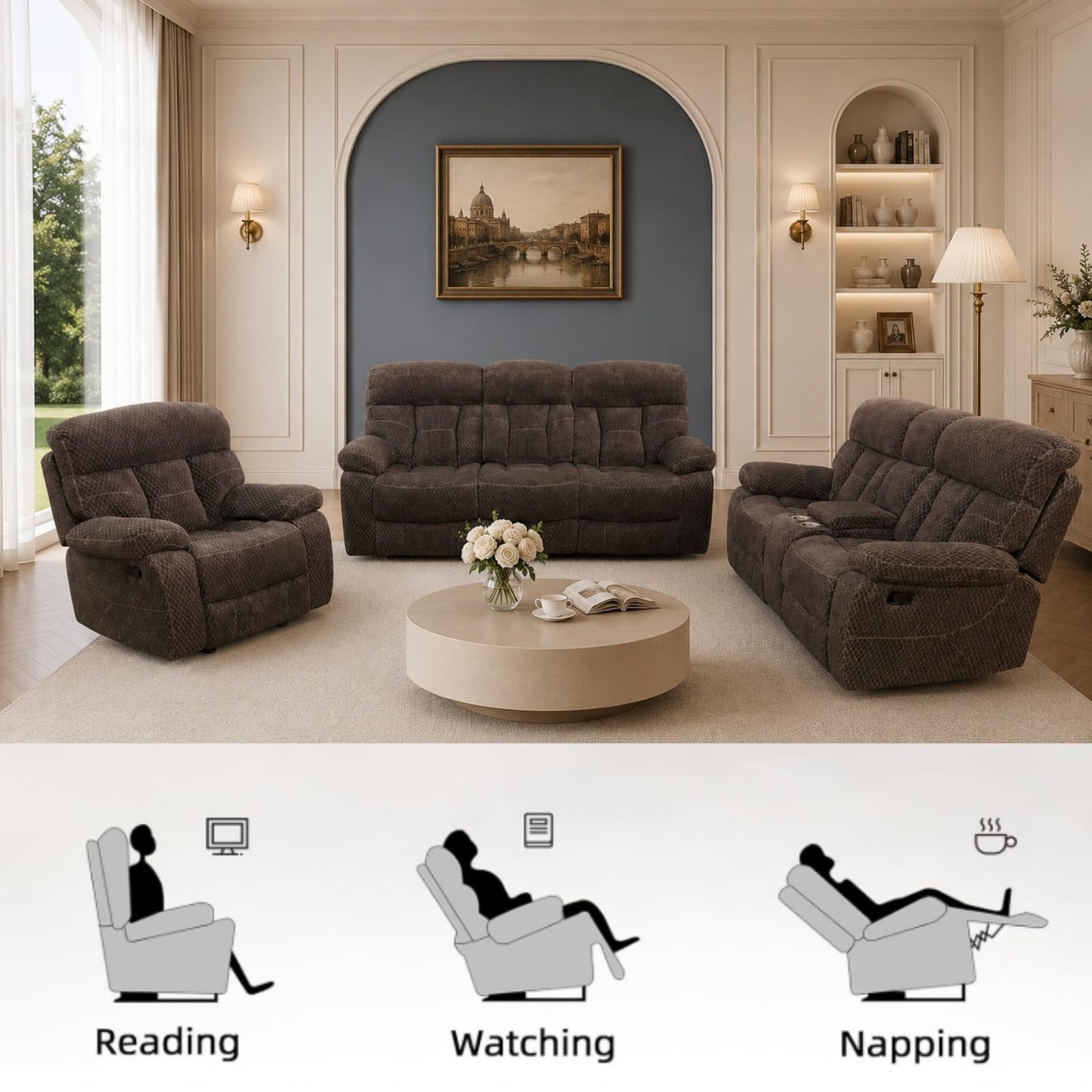 Trygoal Modern Recliner Sofa Set of 3, Cashmere Fleece Upholstered Living Room Set with Cup Holders & Storage, Ergonomic Reclining Couch with Coffee Table, Cozy Home Theater Seating, Brown