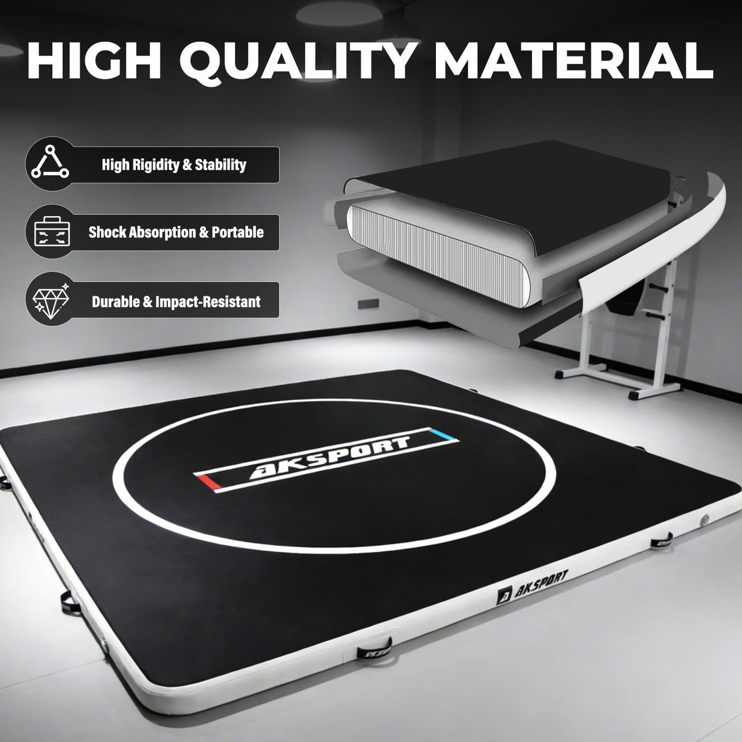 AKSPORT Inflatable Wrestling Mat 10x10 FT, Wrestling Mat for Home, Thick Jiu Jitsu Training Mat for BJJ, MMA, Boxing, Grappling, Judo, Indoor Outdoor Gym Mat
