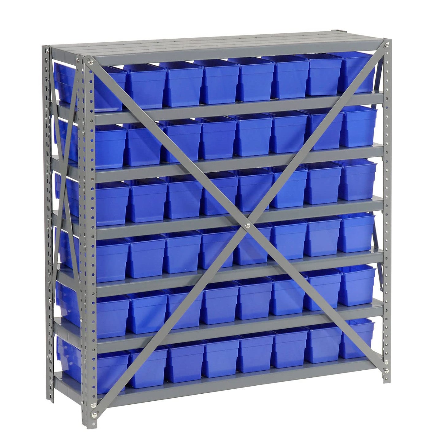 Global Industrial 7 Shelf Steel Shelving with (48) 4" H Plastic Shelf Bins, Blue, 36" W x 12" D x 39" H, Single-Sided Open Shelving with 48 Plastic Shelf Bins
