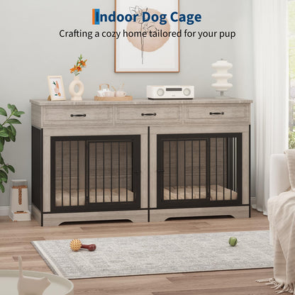 Extra Large Double Dog Crate Furniture – 70.9" Heavy Duty Wooden Kennel for 2 Medium or Large Dogs, Decorative End Table with 3 Drawers, TV Stand, Indoor Dog Cage with Double Doors