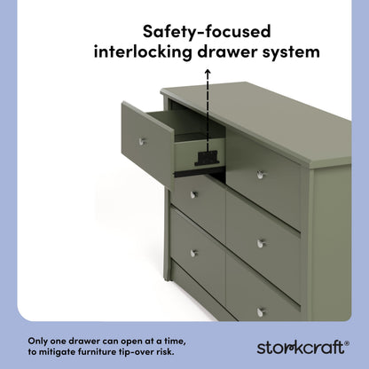 Storkcraft Crescent 6-Drawer Dresser (Olive) – GREENGUARD Gold Certified, Green Dresser for Bedroom, Kids & Nursery Storage Chest, Safety Interlocking Drawers, Pre-Installed Tracks, Kids Chest