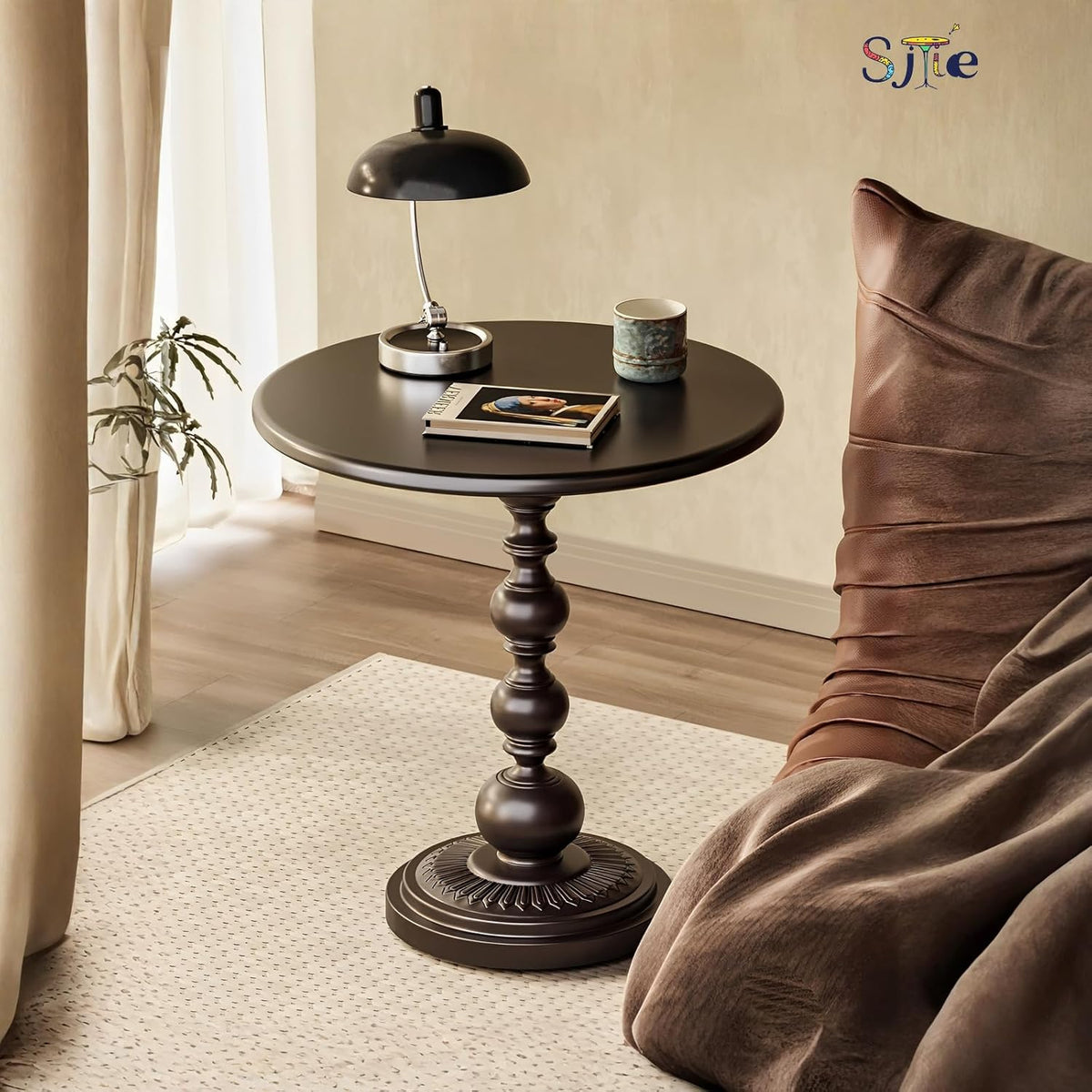 13.8" Side Table - Round Small Accent Table with Metal Base, Multifunctional Vintage Coffee Table for Living Room