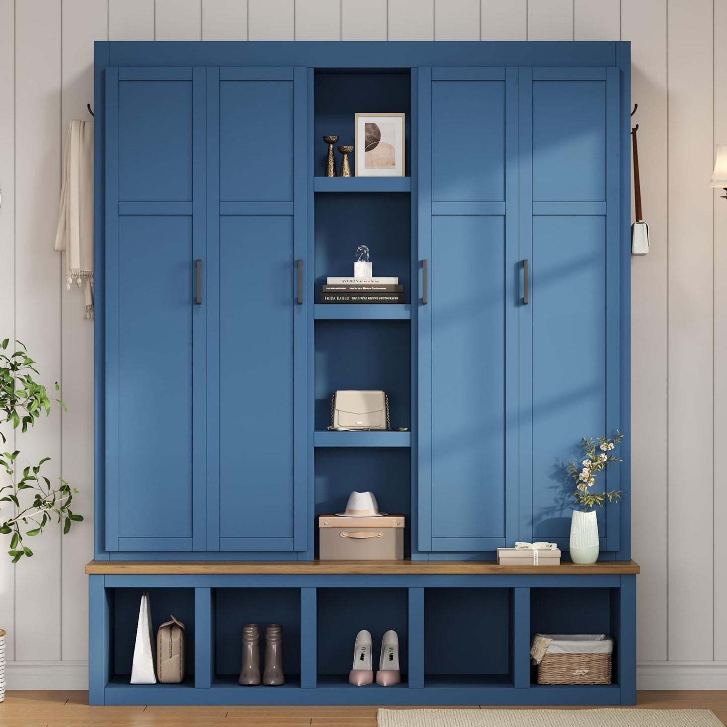 Virubi 4-in-1 62.9" Wide Hall Tree with Bench and Shoe Storage, Farmhouse Wood Entryway Bench with Coat Racks, Doors, 6 Hooks and Storage Shelves for Living Room (Blue)