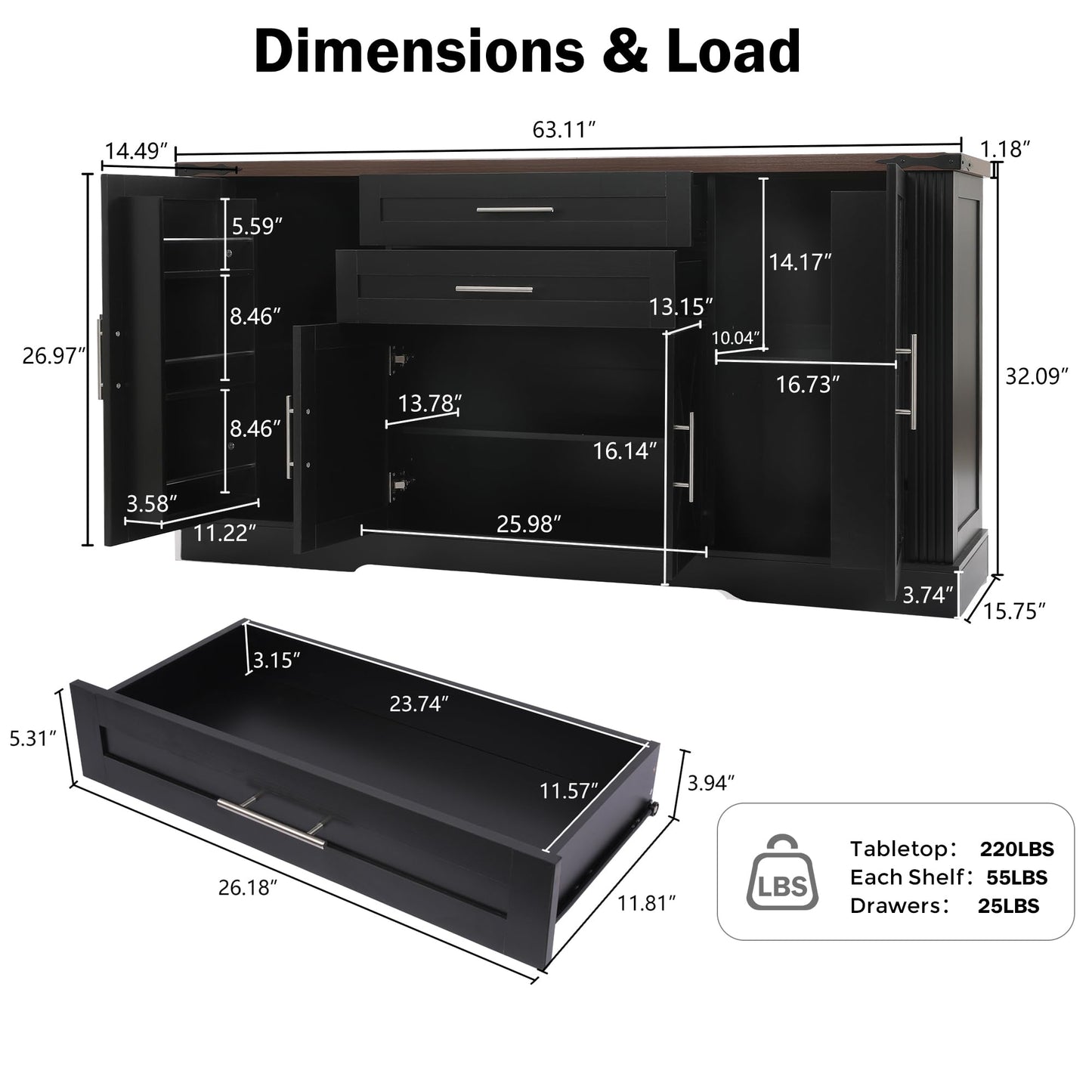 KEIKI 63" Farmhouse Barn Door Sideboard Buffet Cabinet with Storage – 2 Drawers, Adjustable Shelves, Door Rack, Kitchen Buffet, Large Sideboard Buffet Cabinet, Cabinet for Dishes, Black