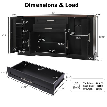 KEIKI 63" Farmhouse Barn Door Sideboard Buffet Cabinet with Storage – 2 Drawers, Adjustable Shelves, Door Rack, Kitchen Buffet, Large Sideboard Buffet Cabinet, Cabinet for Dishes, Black